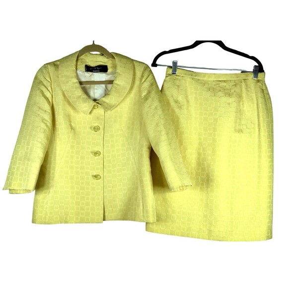 Vintage M Daquin Paris Yellow Jacquard Skirt Suit Set Mod Retro 60s Boxy Jacket - Picture 1 of 12